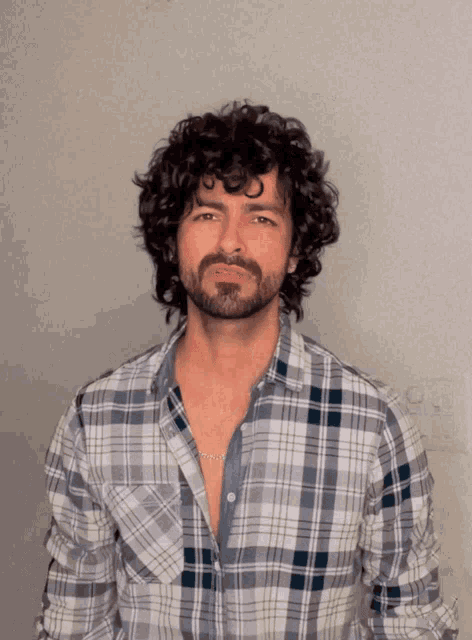 a man with a beard and curly hair wears a plaid shirt