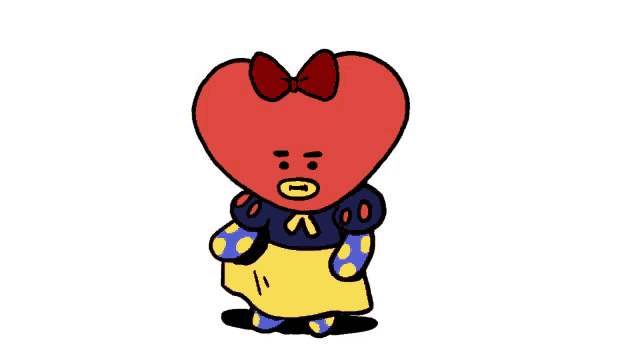 a red heart with a bow on it is wearing a yellow skirt and a blue scarf .
