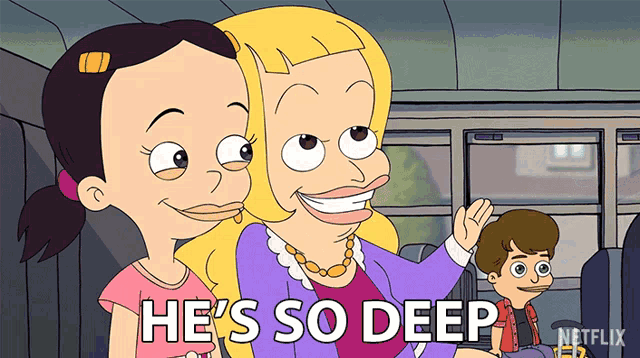 a cartoon says he 's so deep in front of two girls and a boy