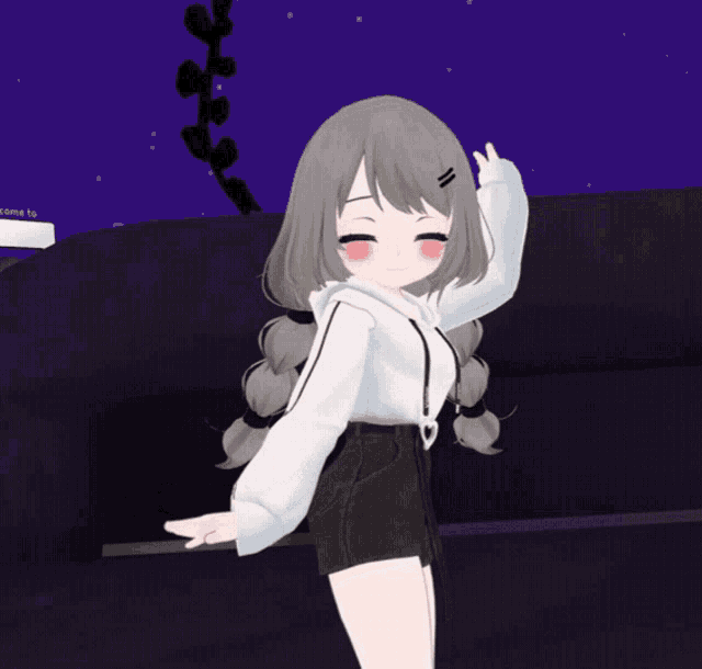 a girl in a white hoodie and black shorts stands in front of a sign that says " come to "