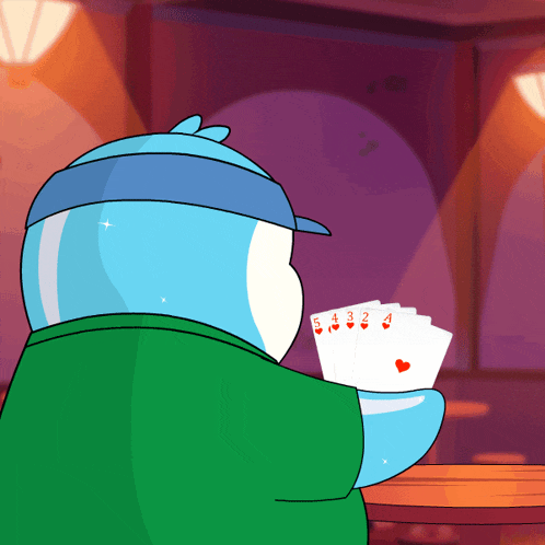 a cartoon character holding a deck of playing cards with the numbers 5 4 3 2 and 4 on them
