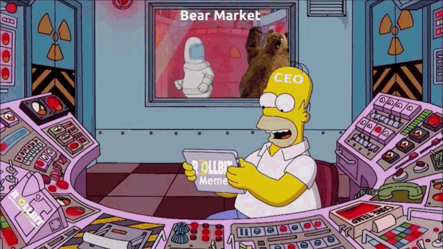 a cartoon of homer simpson holding a tablet in front of a bear market meme