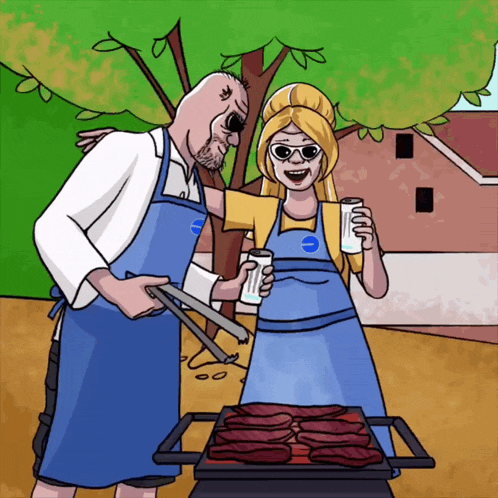 a cartoon of a man and a woman grilling burgers