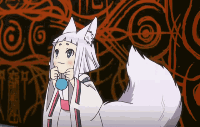 a cartoon drawing of a girl with white hair and a long white tail