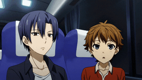 two anime characters are sitting next to each other