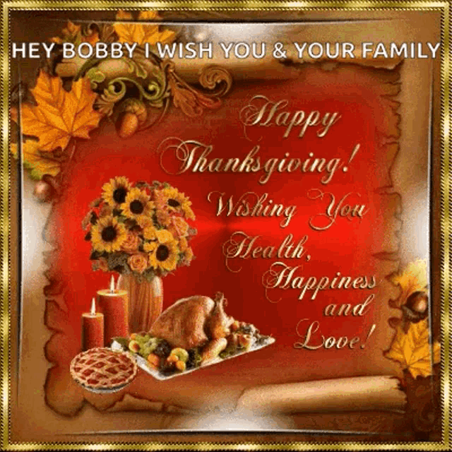 a thanksgiving card with a turkey , pie , candles and flowers .