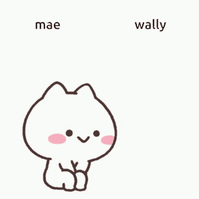 a cat and a rabbit are sitting next to each other under a pink heart with mae and wally written on it