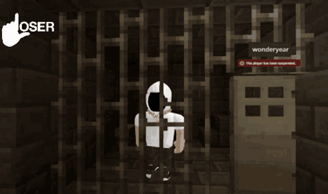 a screenshot of a video game shows a person behind bars and the word loser in the corner