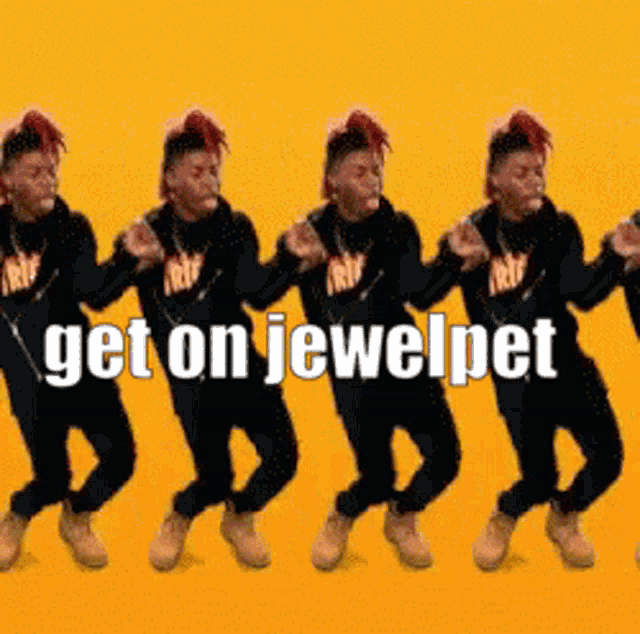 a group of men are dancing in a line with the words get on jewelpet above them