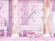 a pink room with a piano and a dresser .