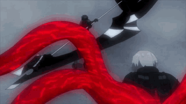 a person holding a sword is surrounded by red tentacles and a black and white object