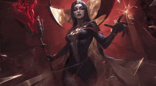 a woman in a black dress is holding a sword and a rose