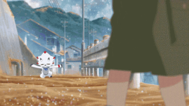 a cartoon of a white cat with red eyes standing next to a woman
