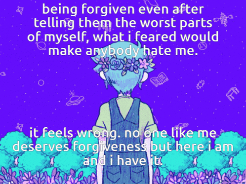 a picture of a boy with a flower crown on his head with a quote about being forgiven