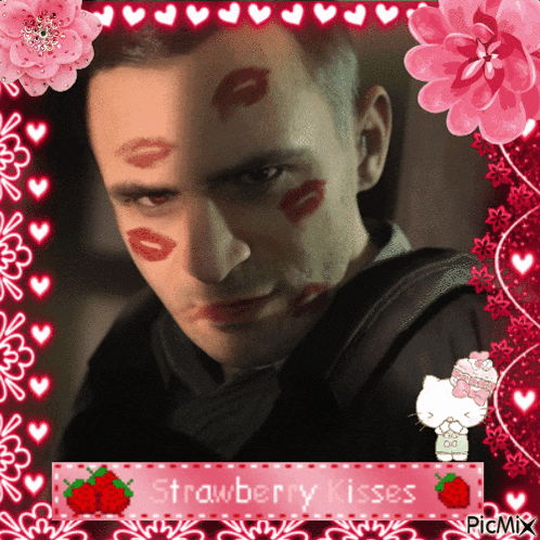 a picture of a man with strawberry kisses on his face surrounded by pink flowers