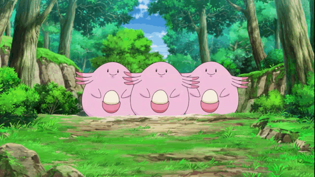 three pink pokemon are standing in a row in a forest