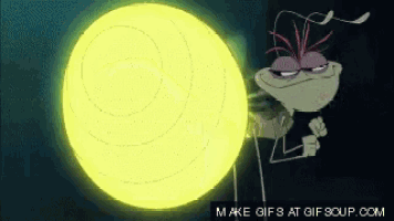 a cartoon mosquito is standing in front of a yellow ball with the words make gifs at gif soup.com below it