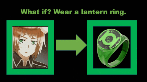 a green lantern ring is shown next to a picture of a girl
