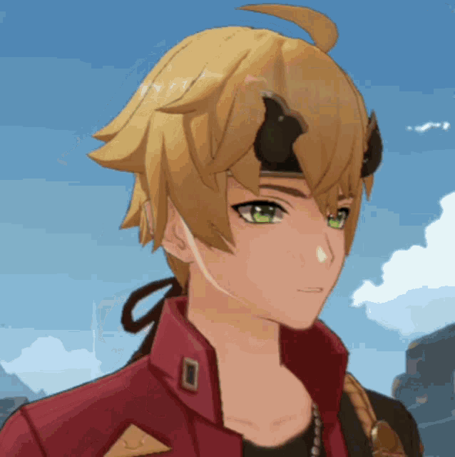 a close up of a person 's face with yellow hair and green eyes