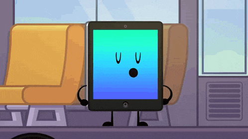 a cartoon illustration of a tablet with arms and legs sitting on a bus .