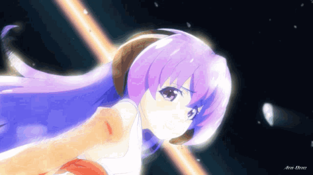 a picture of a girl with purple hair has the word art on it