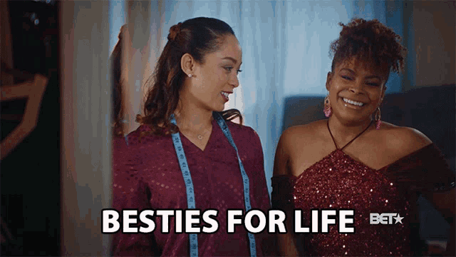 two women standing next to each other with the words " besties for life " in the corner