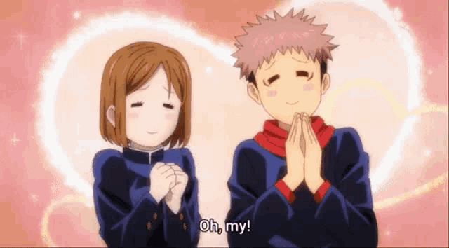 a boy and a girl are standing next to each other in front of a heart . the girl is saying `` oh my ! ''