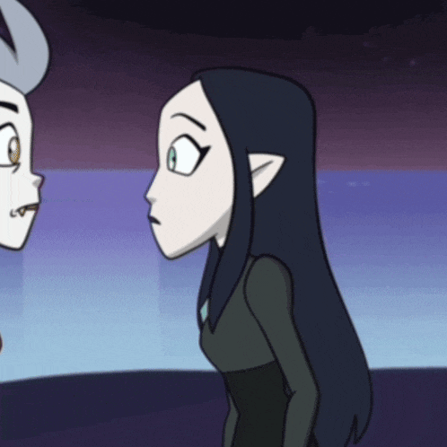 a cartoon of a girl with long black hair standing next to a man with horns