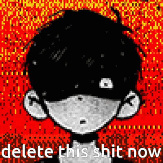 a pixel art of a boy with the words `` delete this shit now '' .