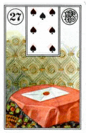 a tarot card with a table and a letter on it