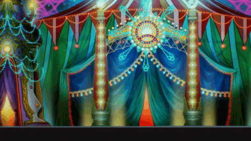 a cartoon illustration of a colorful stage with a circle in the center
