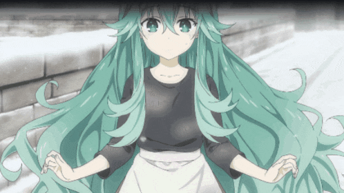 a girl with long green hair wearing a black shirt