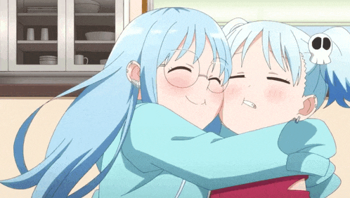 two anime girls hugging each other with one wearing glasses