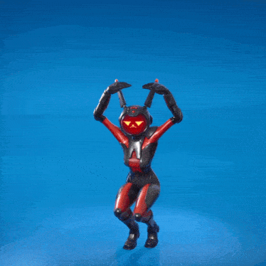 a black and red robot with a red face on its head stands on a blue background