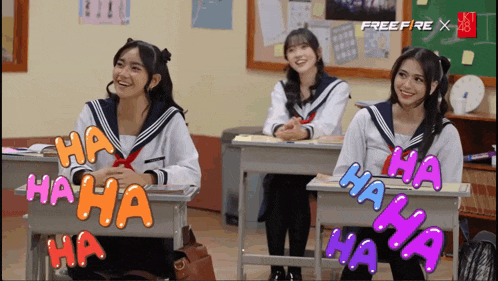 three girls are sitting at desks in a classroom with the words ha ha ha ha ha