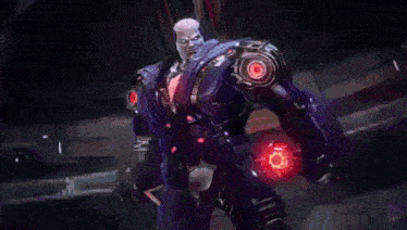 a pixelated image of a man standing in a dark room with a purple light coming out of his chest .