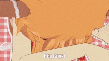 a cartoon character says " hey guys " on a checkered table cloth
