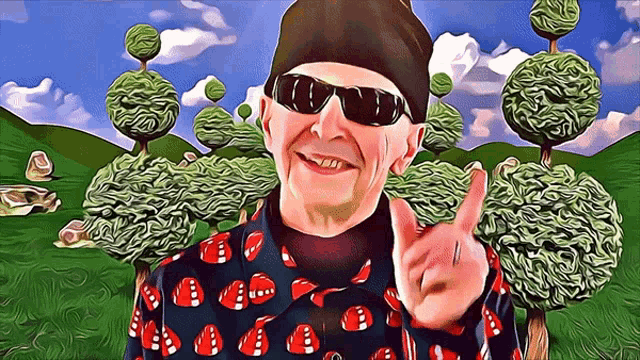 a man wearing sunglasses and a shirt with dice on it is giving a peace sign