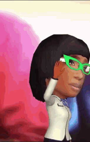 a cartoon of a woman wearing green glasses and a white jacket