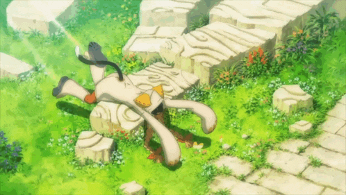 a cartoon character is laying on its back in a grassy area