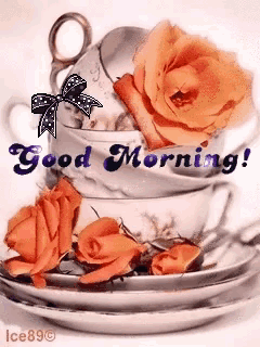 a stack of cups and saucers with flowers and the words good morning