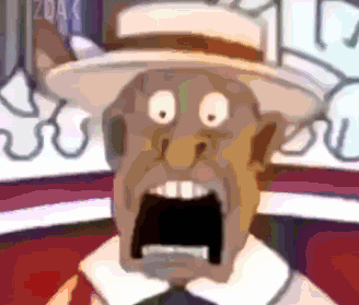 a cartoon character with a surprised look on his face is wearing a hat