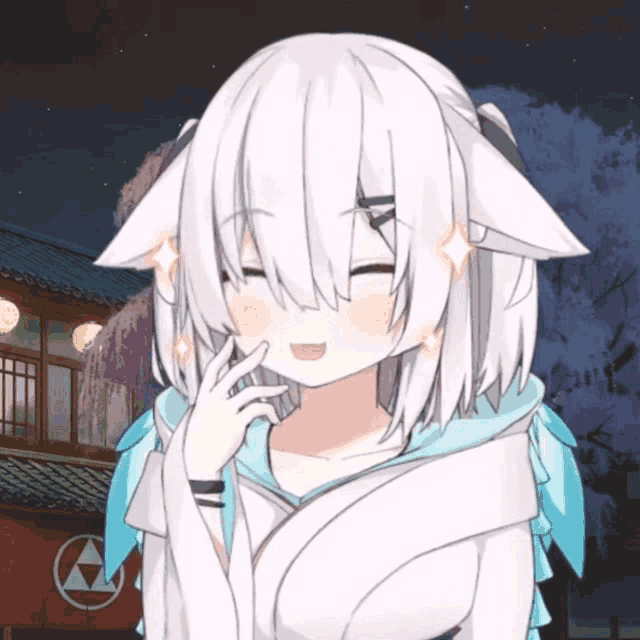 a girl with white hair and ears is smiling