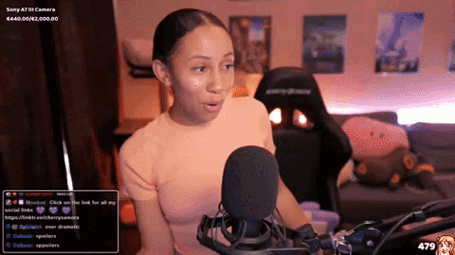 a woman speaking into a microphone with a sony camera behind her