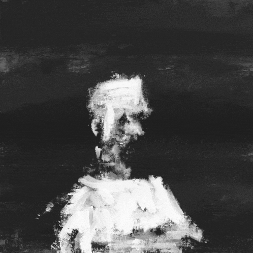 a black and white painting of a man 's face with white brush strokes on it