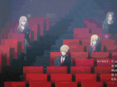a group of anime characters are sitting in a theater with chinese characters on the seats