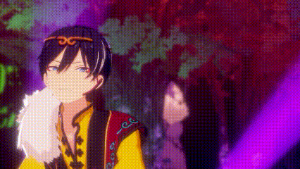 a man in a yellow and red outfit is standing in front of a purple background .