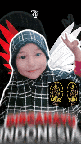 a little girl wearing a hijab and a plaid shirt with a sniper logo on it