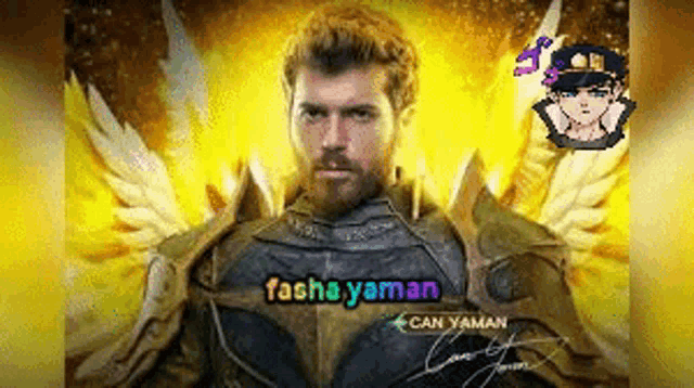 a man with a beard is wearing a knight 's armor and has wings on his chest .