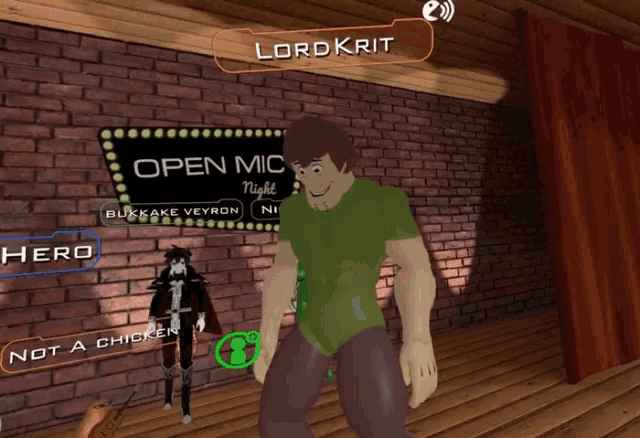 a cartoon character is standing in front of a sign that says open mic night